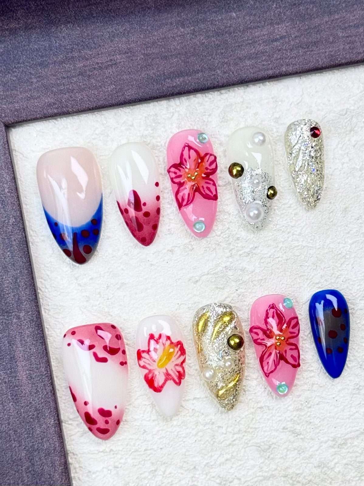 RoyalRoyal Blue Lily Press-On Nails | Pink Floral Silver Glitter Almond False Nails | Luxury Glam Manicure