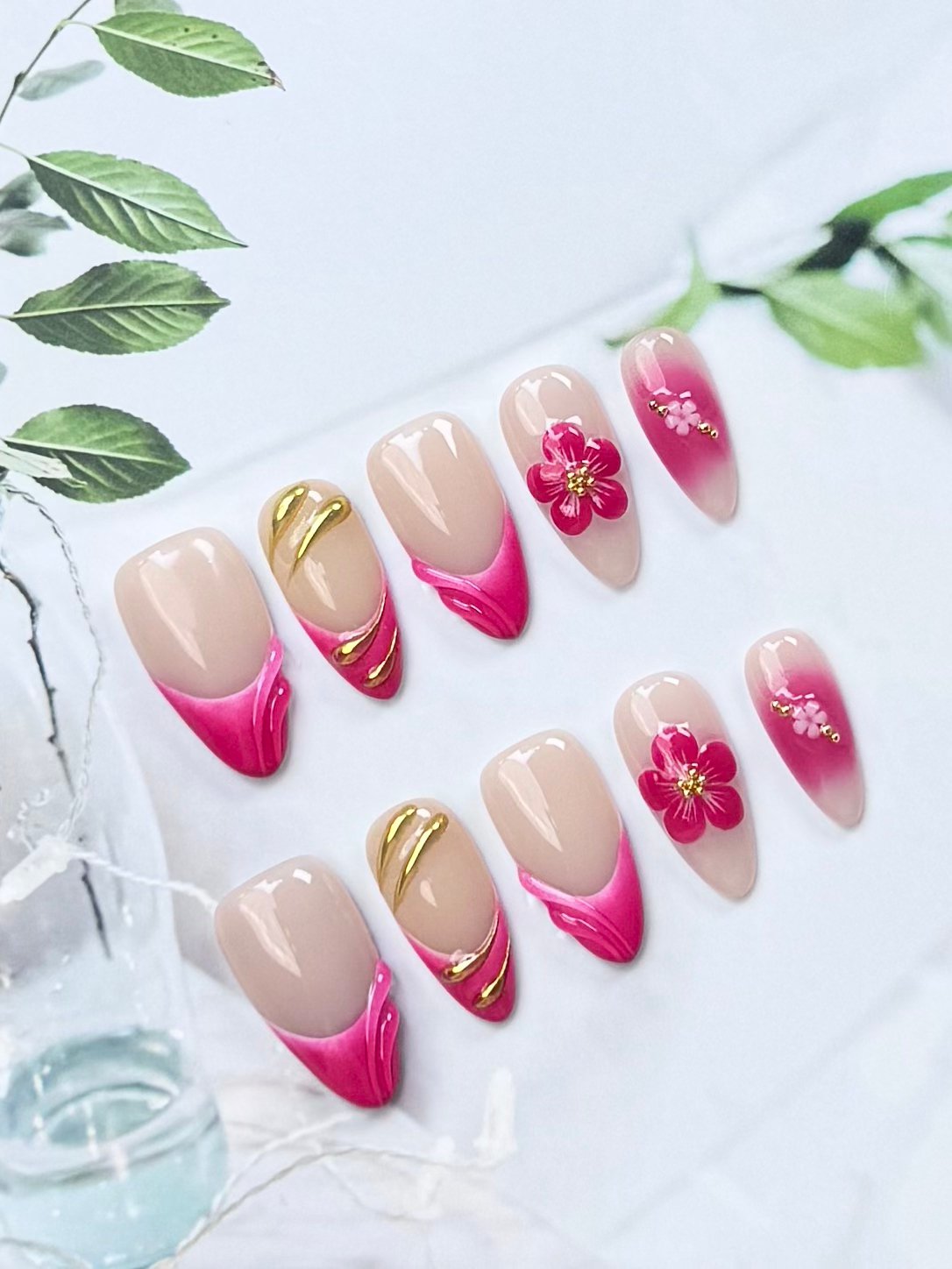 Pink Blossom French Tip Press-On Nails | Gold Chrome Floral Almond False Nails | Elegant Luxury Manicure
