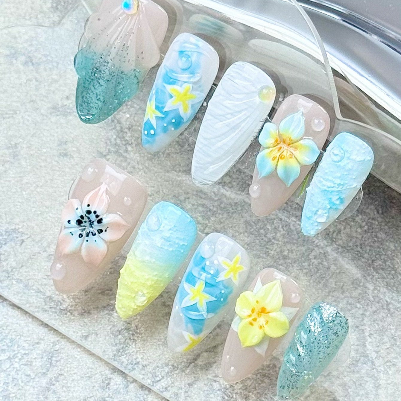 N003 Tropical Ocean Breeze Press On Nails with 3D Flowers and Sea-Inspired Designs – Beach Vacation Nail Set
