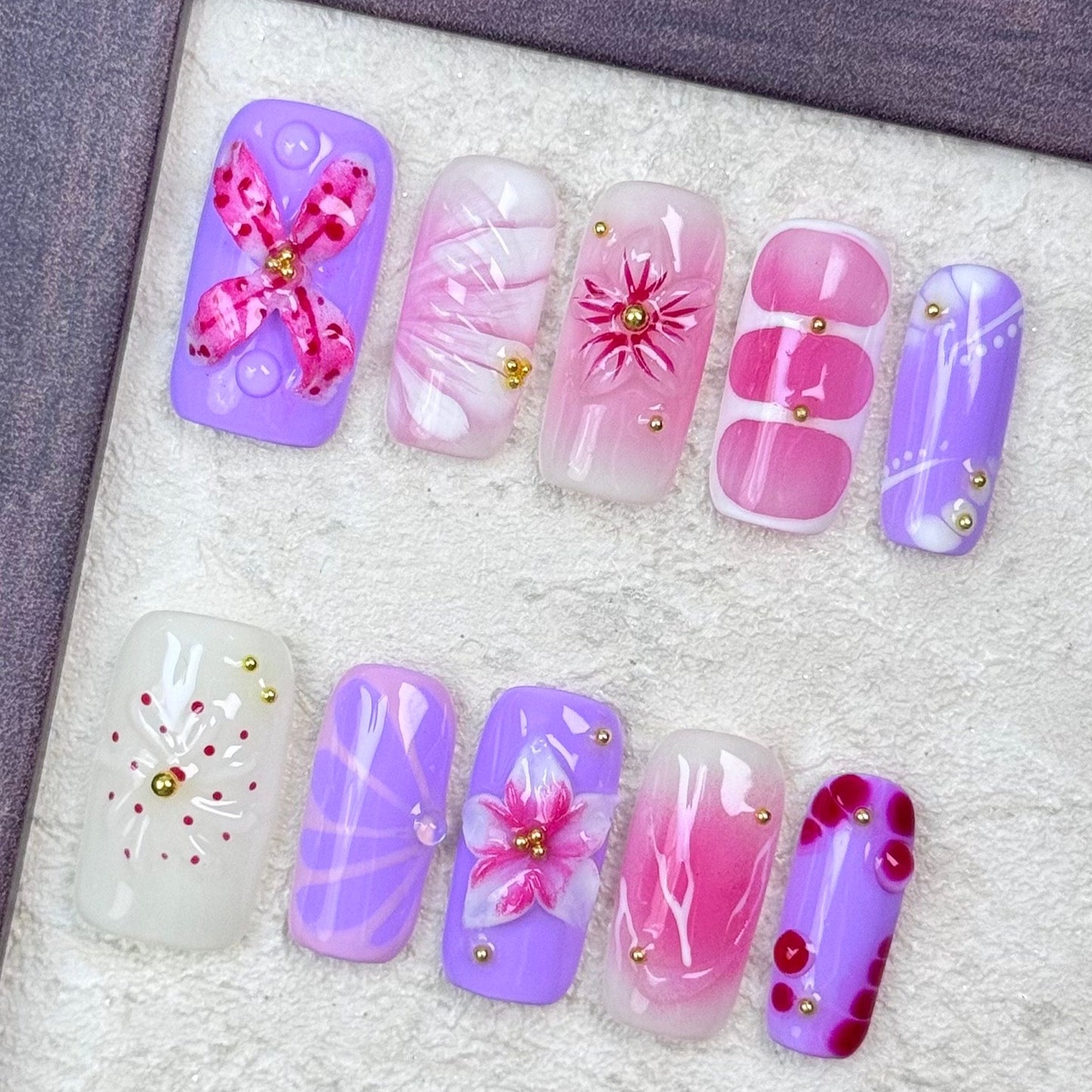 Lavender Pink Floral Press On Nails with 3D Flower Designs Cute Handmade Short Square Nails Spring Summer Nail Art Set Reusable Tips