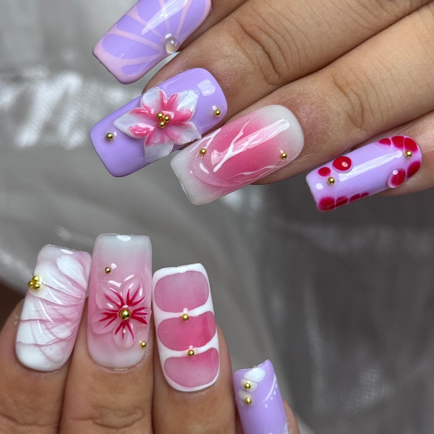 Lavender Pink Floral Press On Nails with 3D Flower Designs Cute Handmade Short Square Nails Spring Summer Nail Art Set Reusable Tips