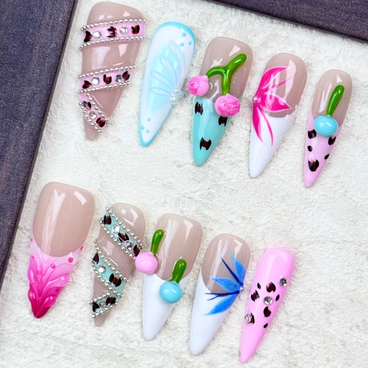 Colorful Mixed Design Press On Nails with 3D Cherries Leopard Print Rhinestones and Floral Art – Long Coffin Shape