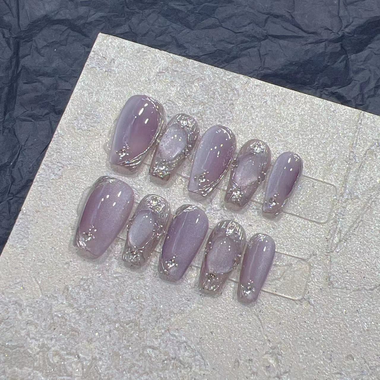 Purple Marble Press On Nails Glossy Handmade Swirl Nail Set Elegant Reusable False Nails