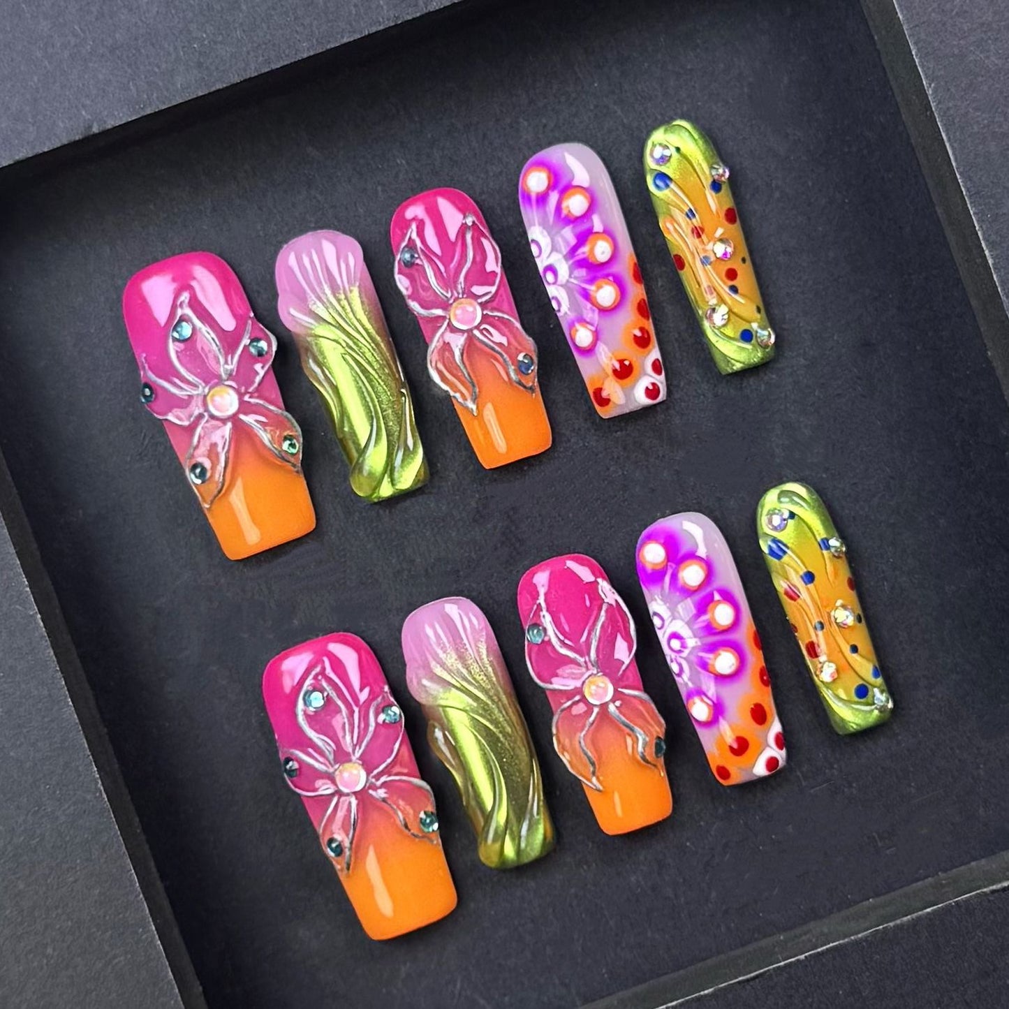 Handmade Neon Floral Press On Nails – Pink Orange Ombre with Rhinestones | Festival Party Nails | Colorful 3D Summer Coffin Set