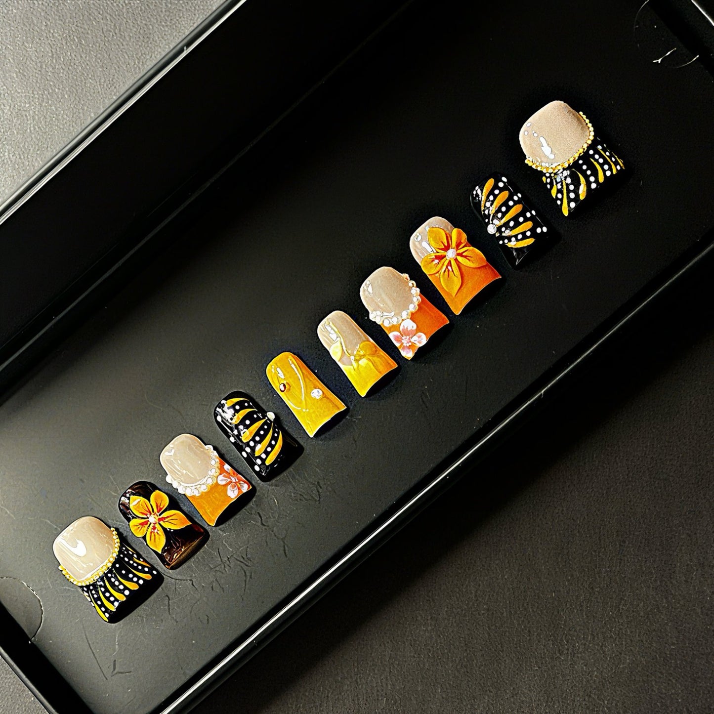 Orange & Black Press On Nails – Handmade Floral with Pearls & Abstract Patterns | Square Luxury Reusable Nail Set for Fall & Parties