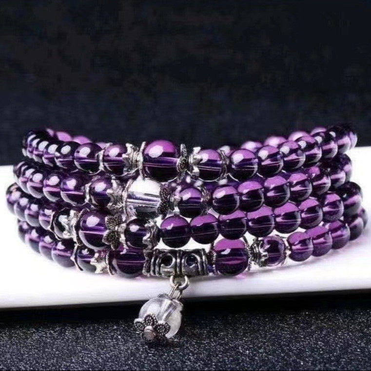 Purple Crystal Beaded Wrap Bracelet Amethyst Style Multi-Layer Mala Bracelet with Charm Handmade Elegant Spiritual Energy Jewelry