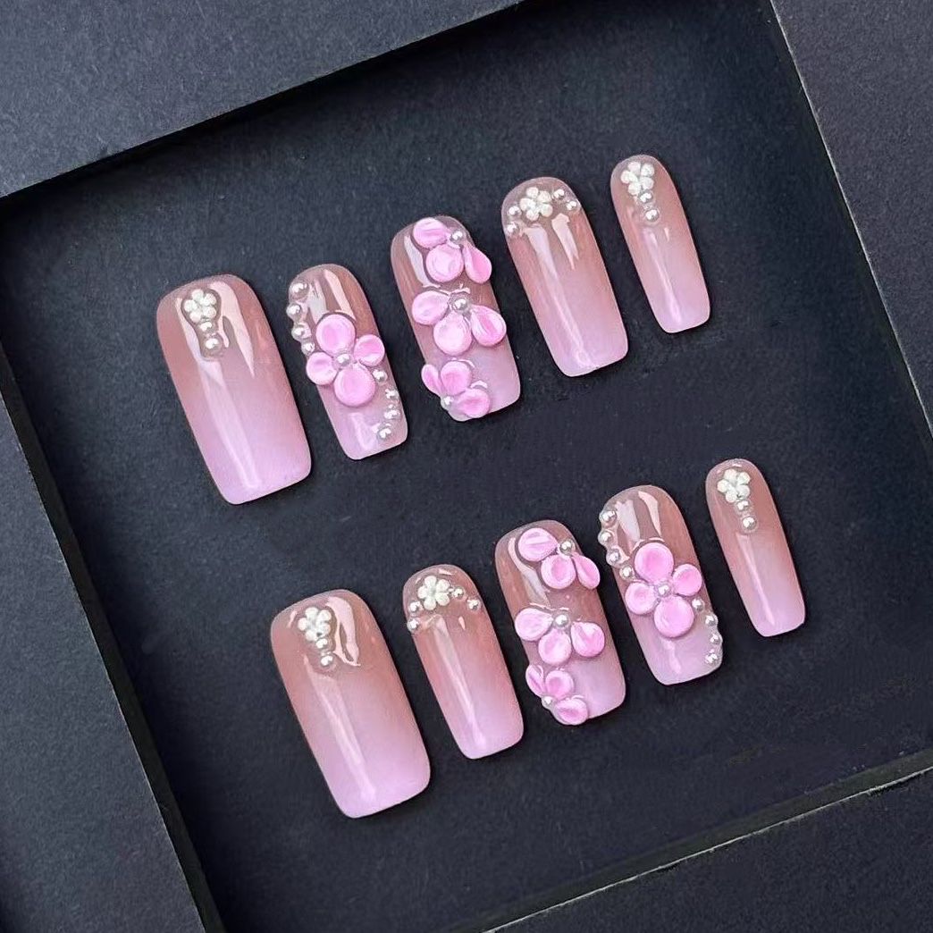Elegant Pink Ombre Press On Nails with 3D Blossoms and Pearls – Handmade Floral False Nails for Special Occasions or Everyday Beauty