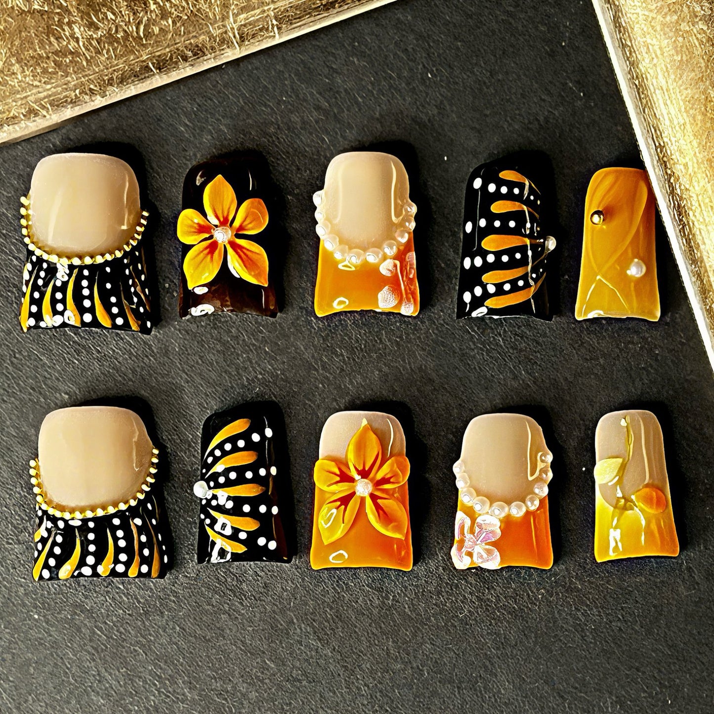 Orange & Black Press On Nails – Handmade Floral with Pearls & Abstract Patterns | Square Luxury Reusable Nail Set for Fall & Parties