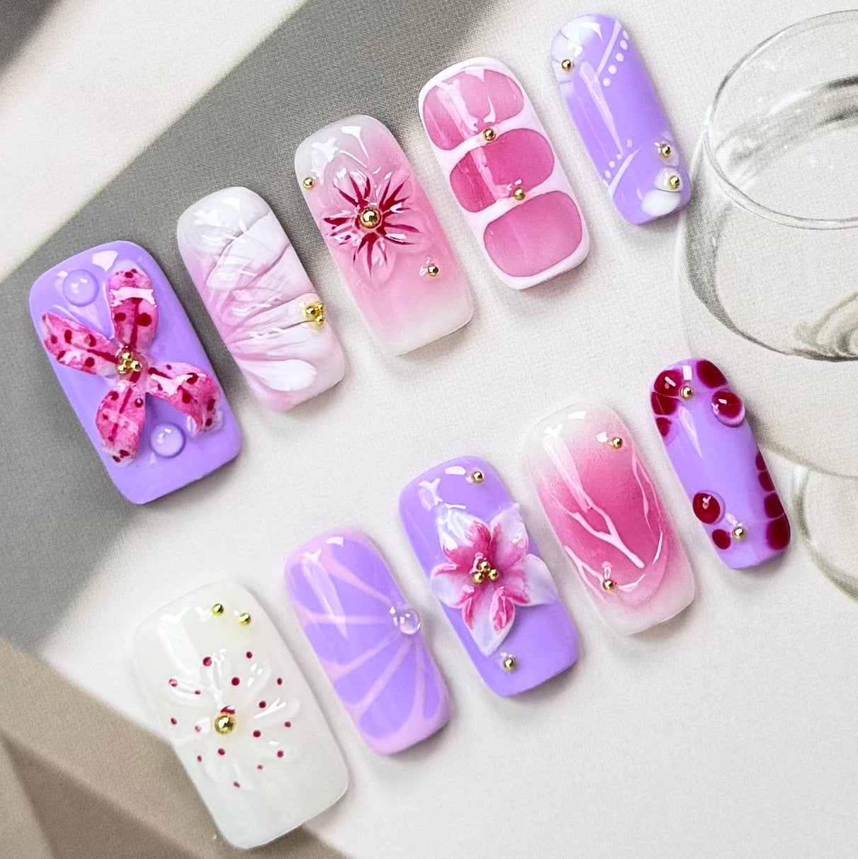 Lavender Pink Floral Press On Nails with 3D Flower Designs Cute Handmade Short Square Nails Spring Summer Nail Art Set Reusable Tips
