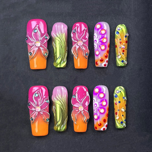 Handmade Neon Floral Press On Nails – Pink Orange Ombre with Rhinestones | Festival Party Nails | Colorful 3D Summer Coffin Set
