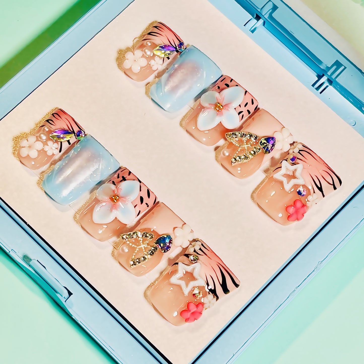 Pastel Blue & Pink Floral Press On Nails | 3D Flower Kawaii Nail Set | Crystal Rhinestone Cute Nails | Handmade Luxury Press Ons