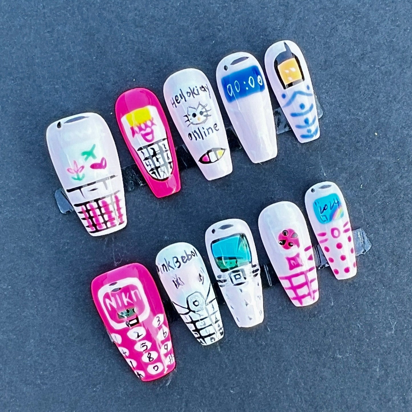 Retro Cellphone Press On Nails – Hand Painted 90s Y2K Flip Phone Design Nails Cute Quirky Kawaii Nail Art Set