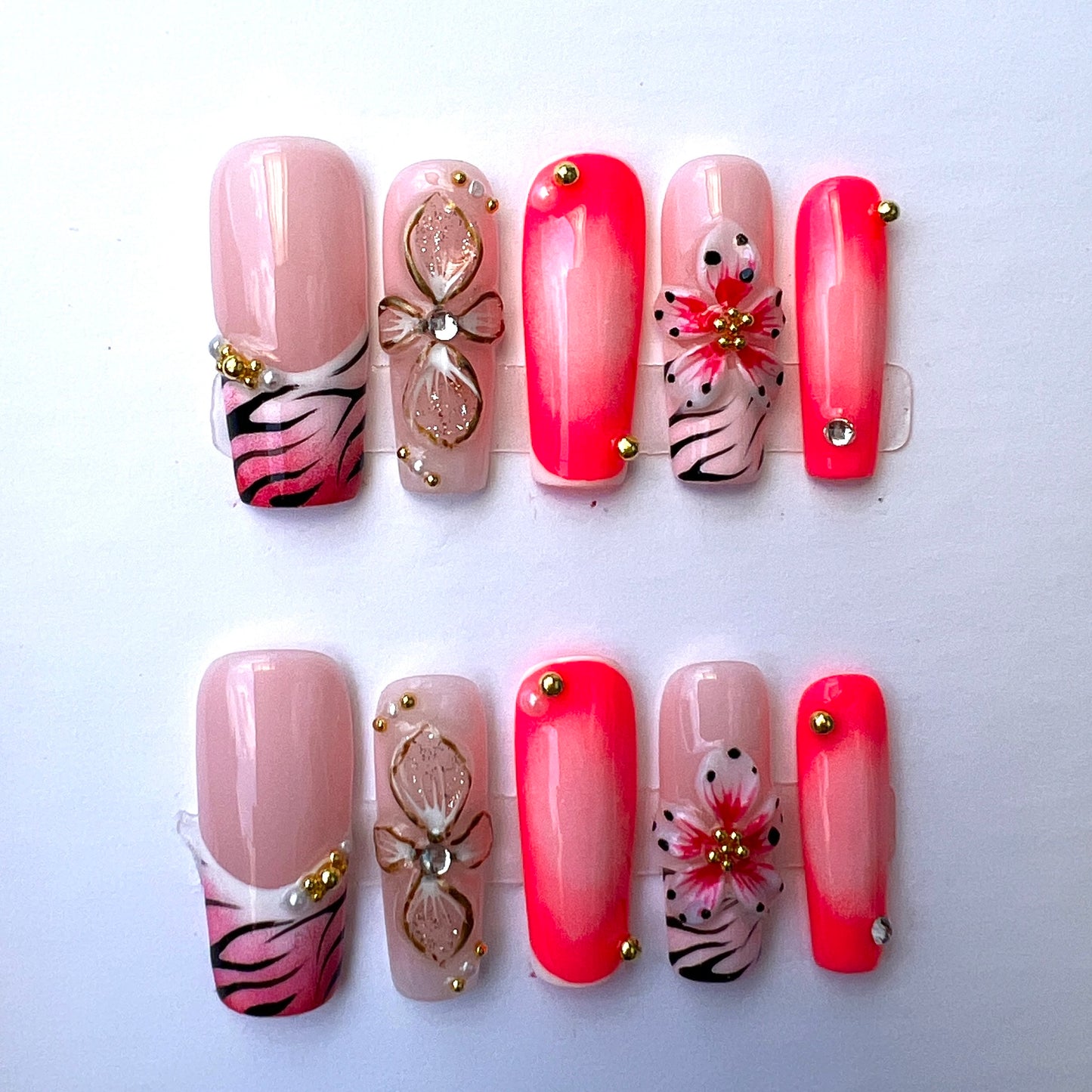 Pink Floral Zebra Print Press On Nails – 3D Flower Rhinestone Ombre Nails Bold Animal Print Glam Nail Set