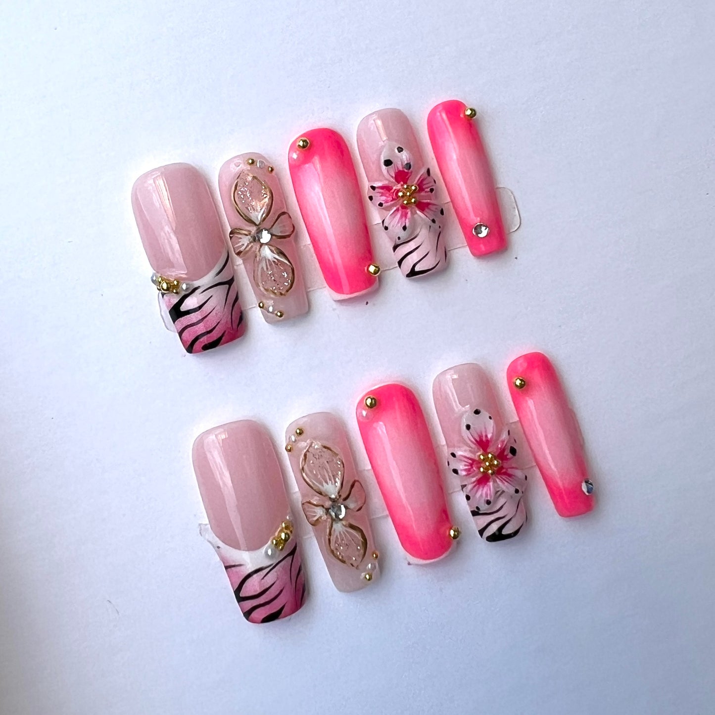 Pink Floral Zebra Print Press On Nails – 3D Flower Rhinestone Ombre Nails Bold Animal Print Glam Nail Set