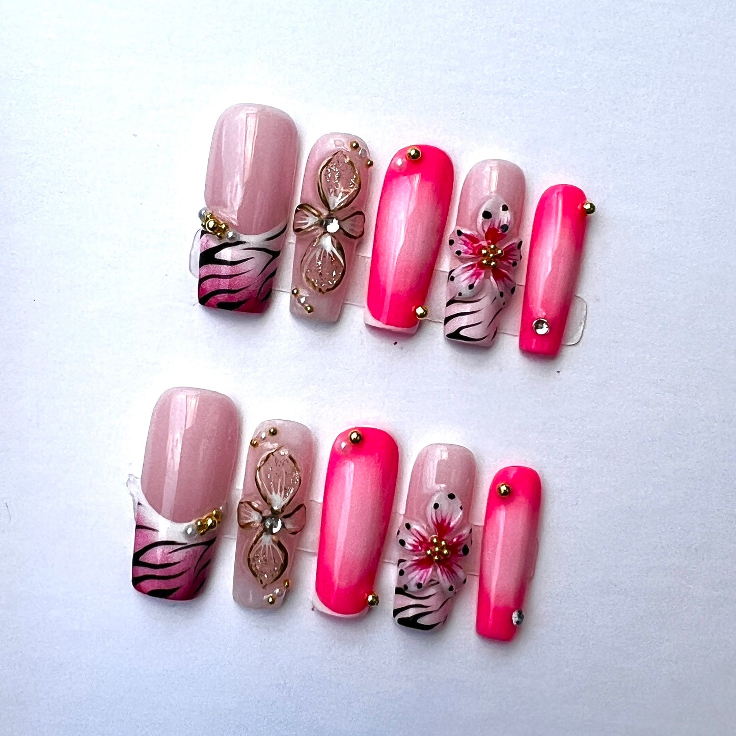 Pink Floral Zebra Print Press On Nails – 3D Flower Rhinestone Ombre Nails Bold Animal Print Glam Nail Set