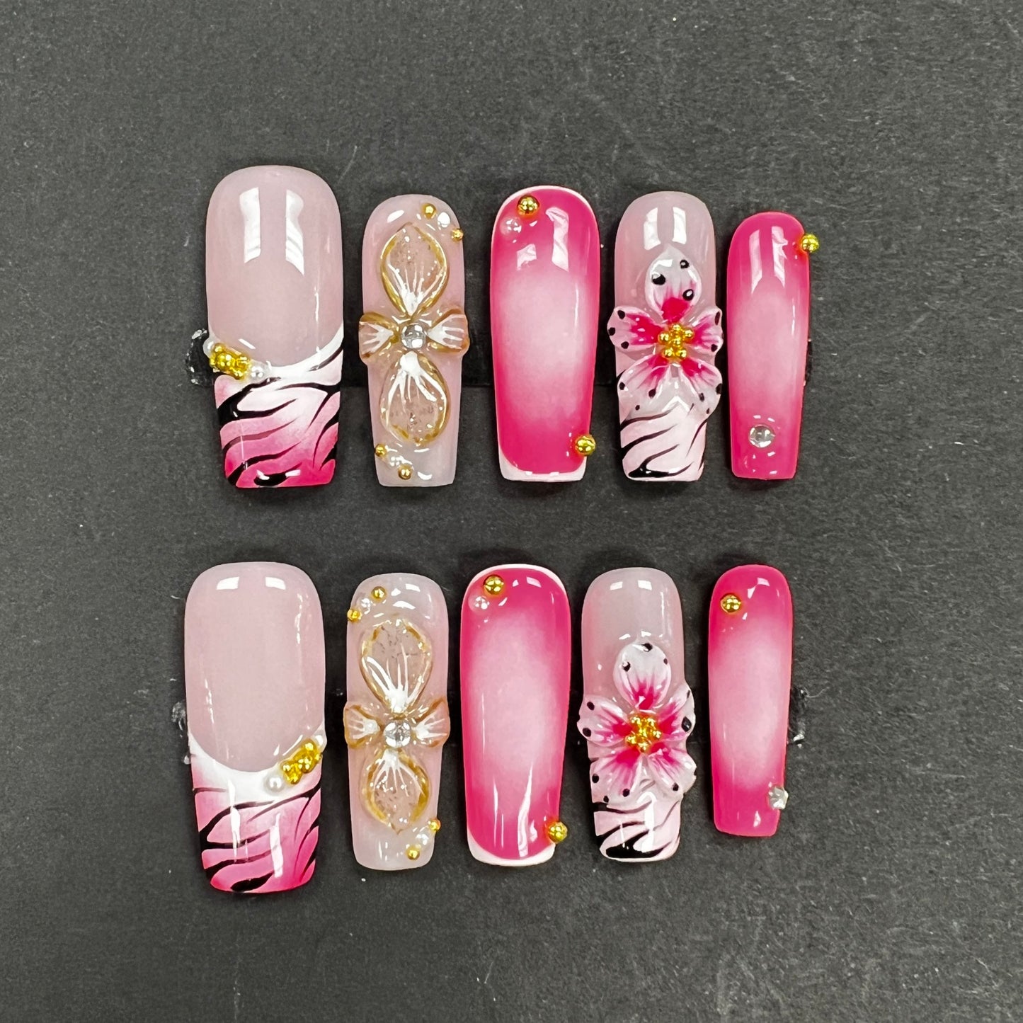 Pink Floral Zebra Print Press On Nails – 3D Flower Rhinestone Ombre Nails Bold Animal Print Glam Nail Set