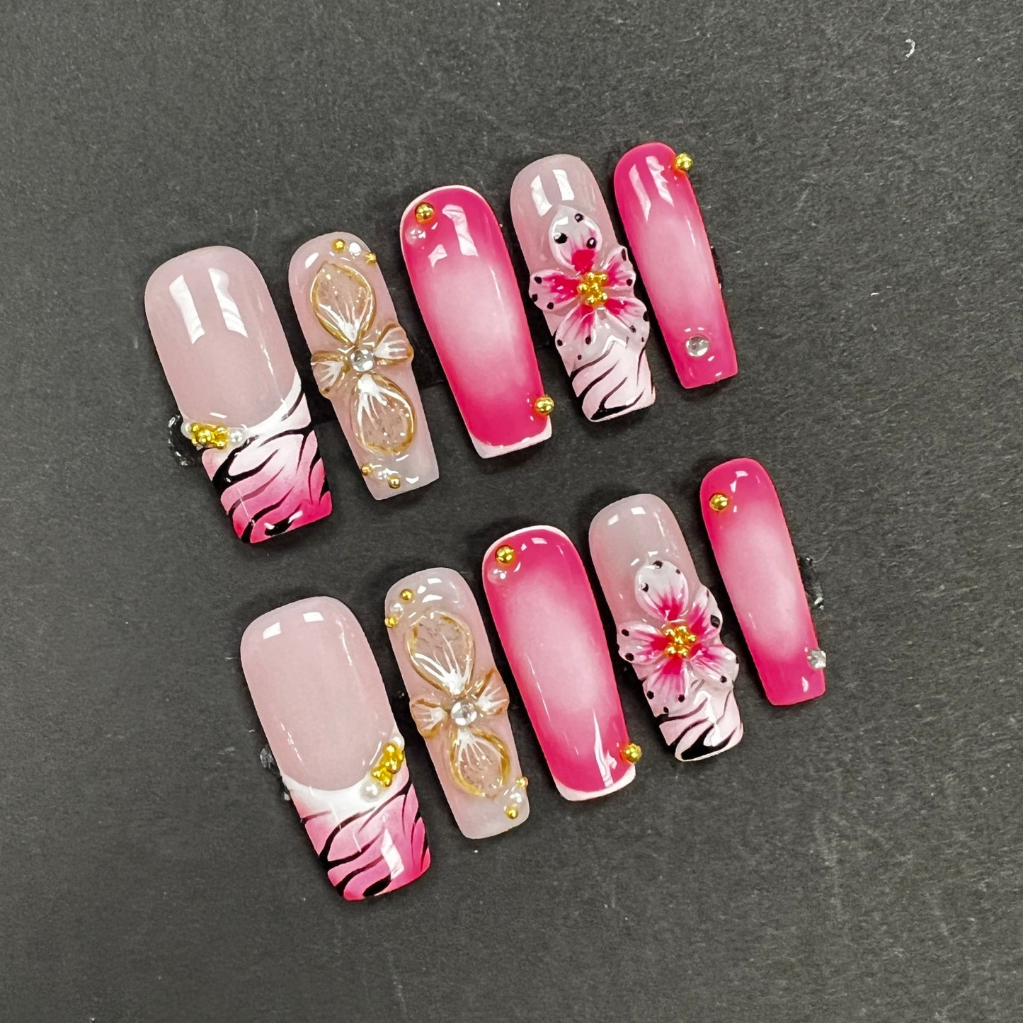 Pink Floral Zebra Print Press On Nails – 3D Flower Rhinestone Ombre Nails Bold Animal Print Glam Nail Set