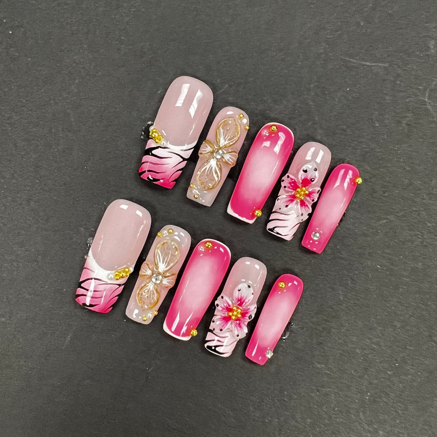 Pink Floral Zebra Print Press On Nails – 3D Flower Rhinestone Ombre Nails Bold Animal Print Glam Nail Set