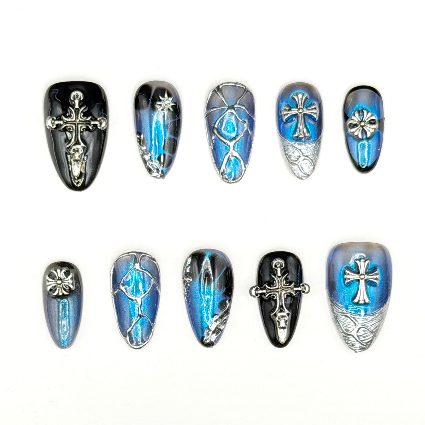Midnight Sapphire Gothic Cross Press-On Nails | Blue Chrome 3D Nails