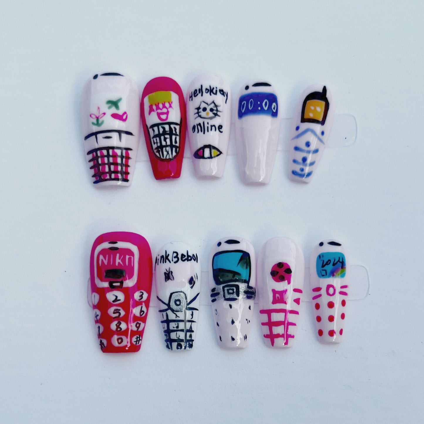 Retro Cellphone Press On Nails – Hand Painted 90s Y2K Flip Phone Design Nails Cute Quirky Kawaii Nail Art Set