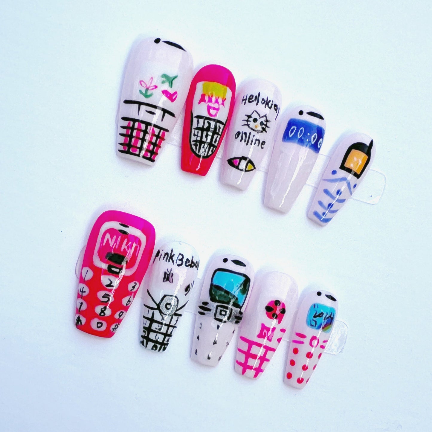Retro Cellphone Press On Nails – Hand Painted 90s Y2K Flip Phone Design Nails Cute Quirky Kawaii Nail Art Set