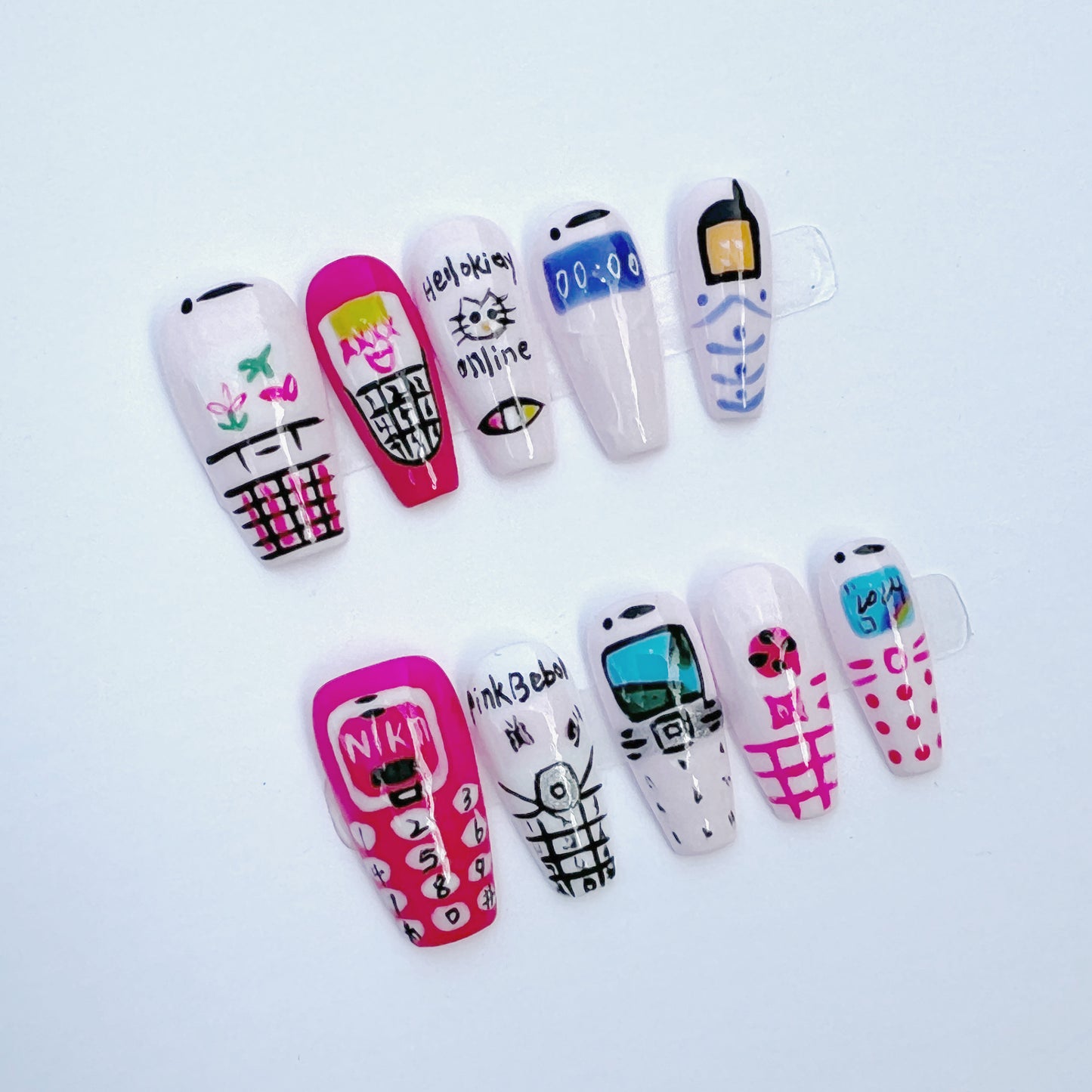Retro Cellphone Press On Nails – Hand Painted 90s Y2K Flip Phone Design Nails Cute Quirky Kawaii Nail Art Set