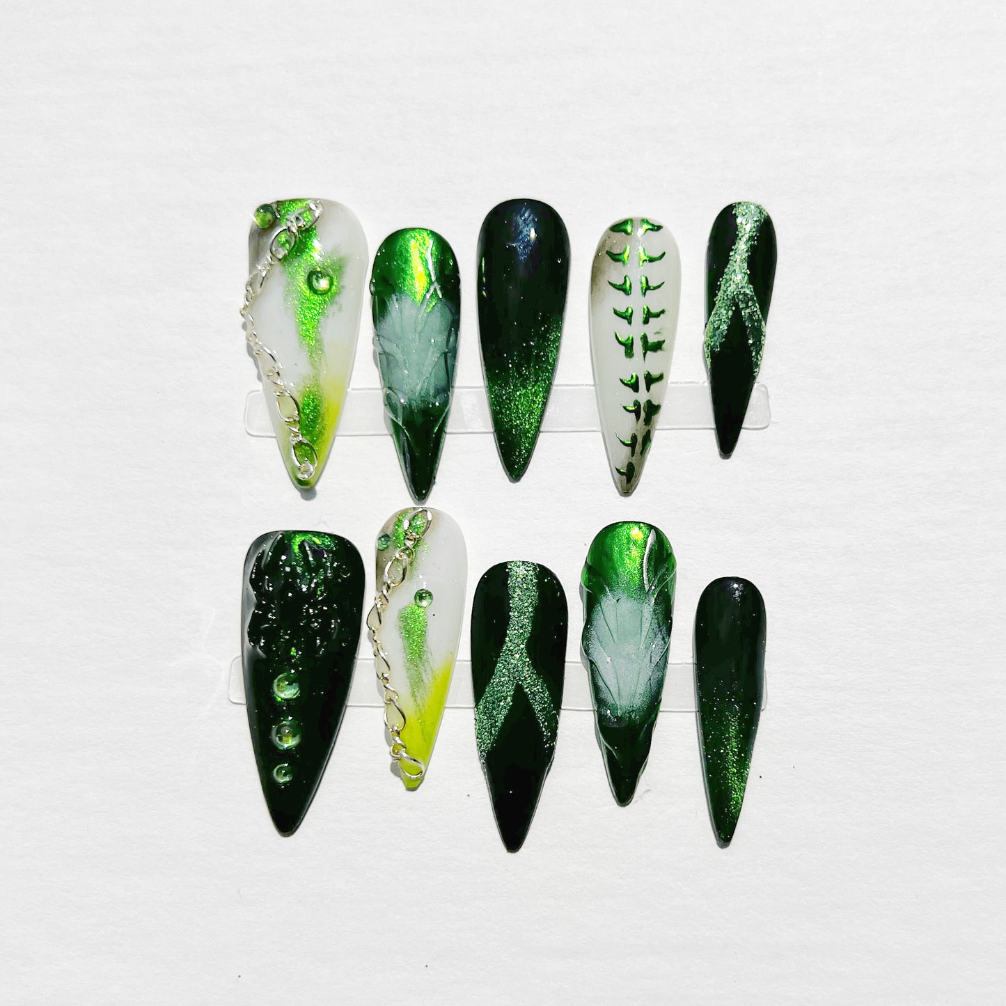 Green Gothic Press On Nails – Spider Leaf Chain Design Black Green Gradient Fantasy Stiletto Nails Halloween Nail Art