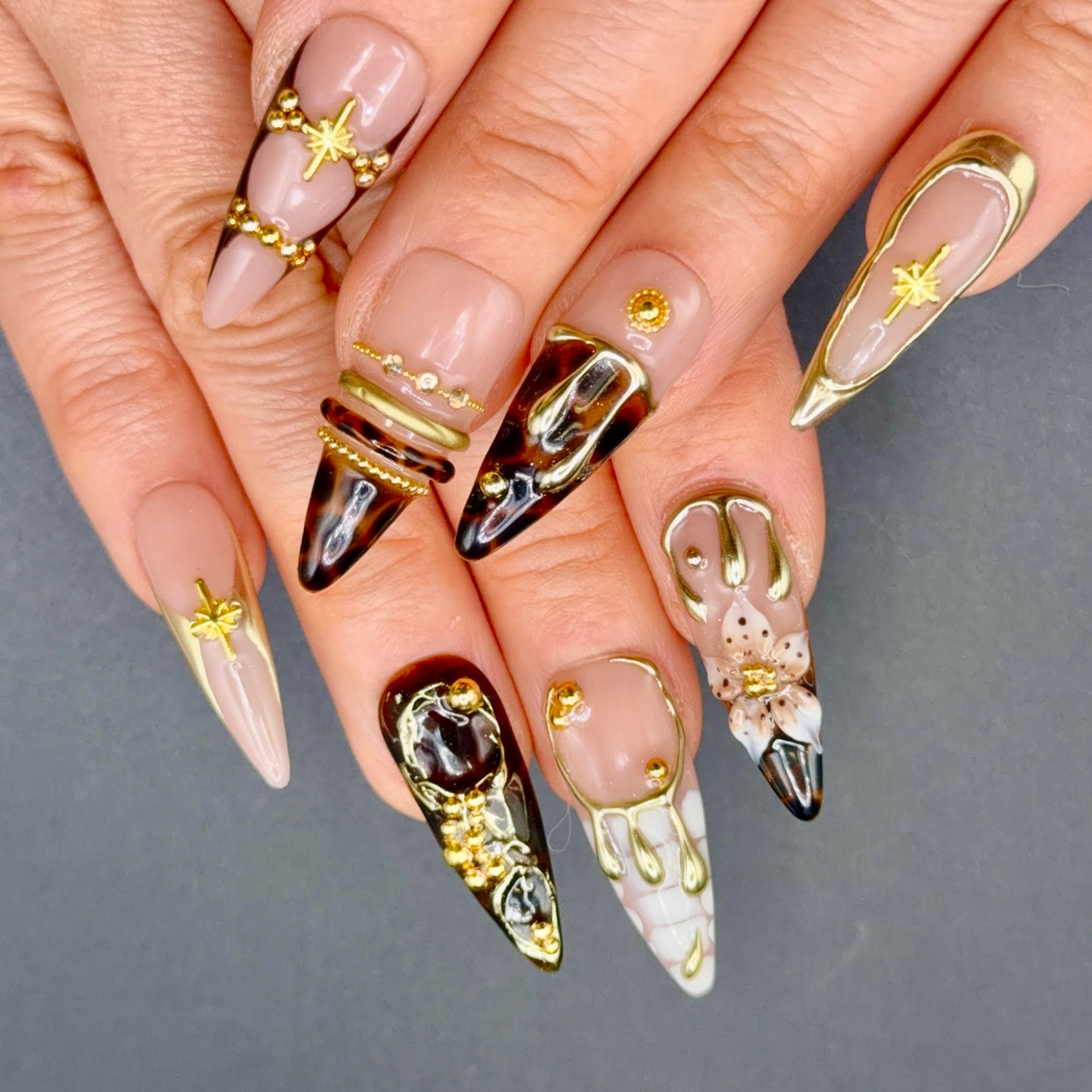 Midnight Luxe Black & Gold 3D Press-On Nails | Jeweled Stiletto Nails
