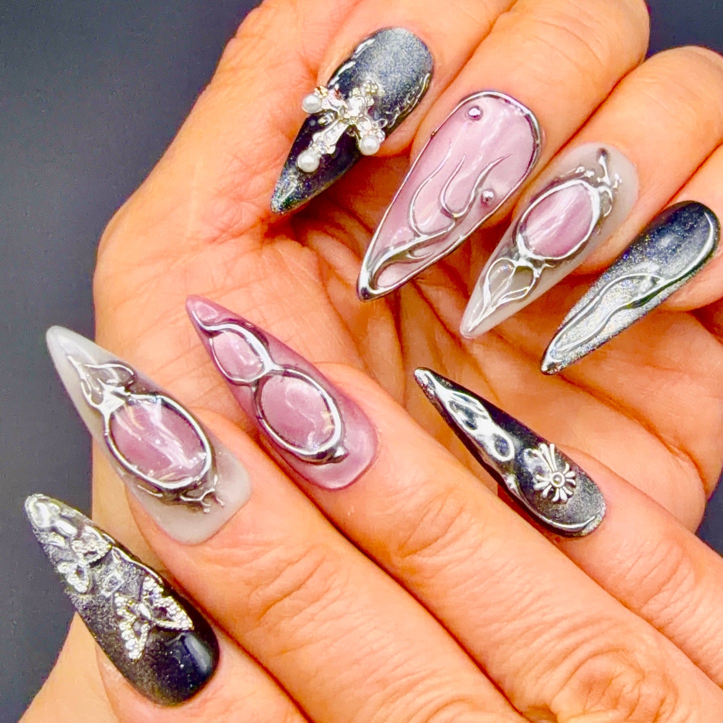 Midnight Butterfly Black & Silver 3D Press-On Nails | Gothic Stiletto Nails