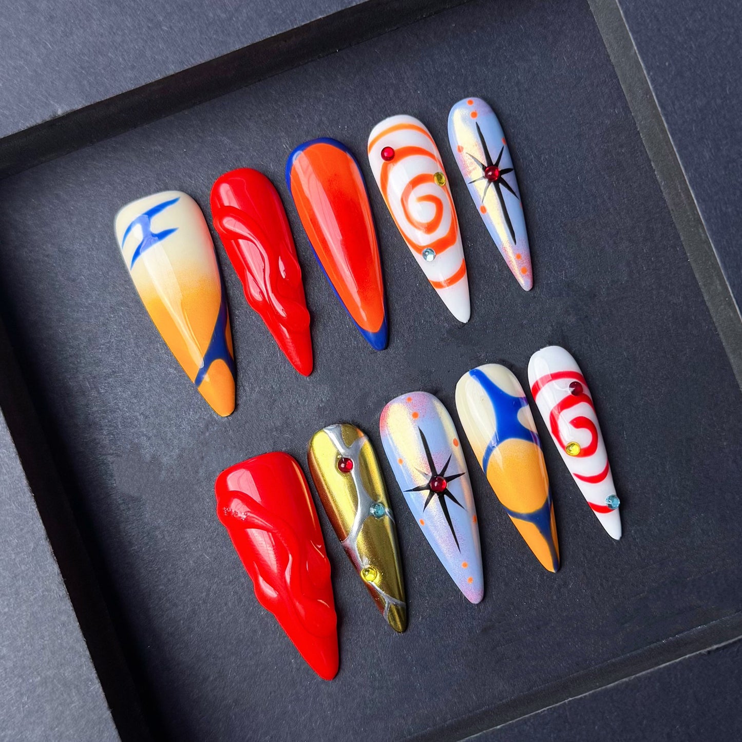 Bold Abstract Press On Nails with Flame Art and Swirl Design Hand made cool