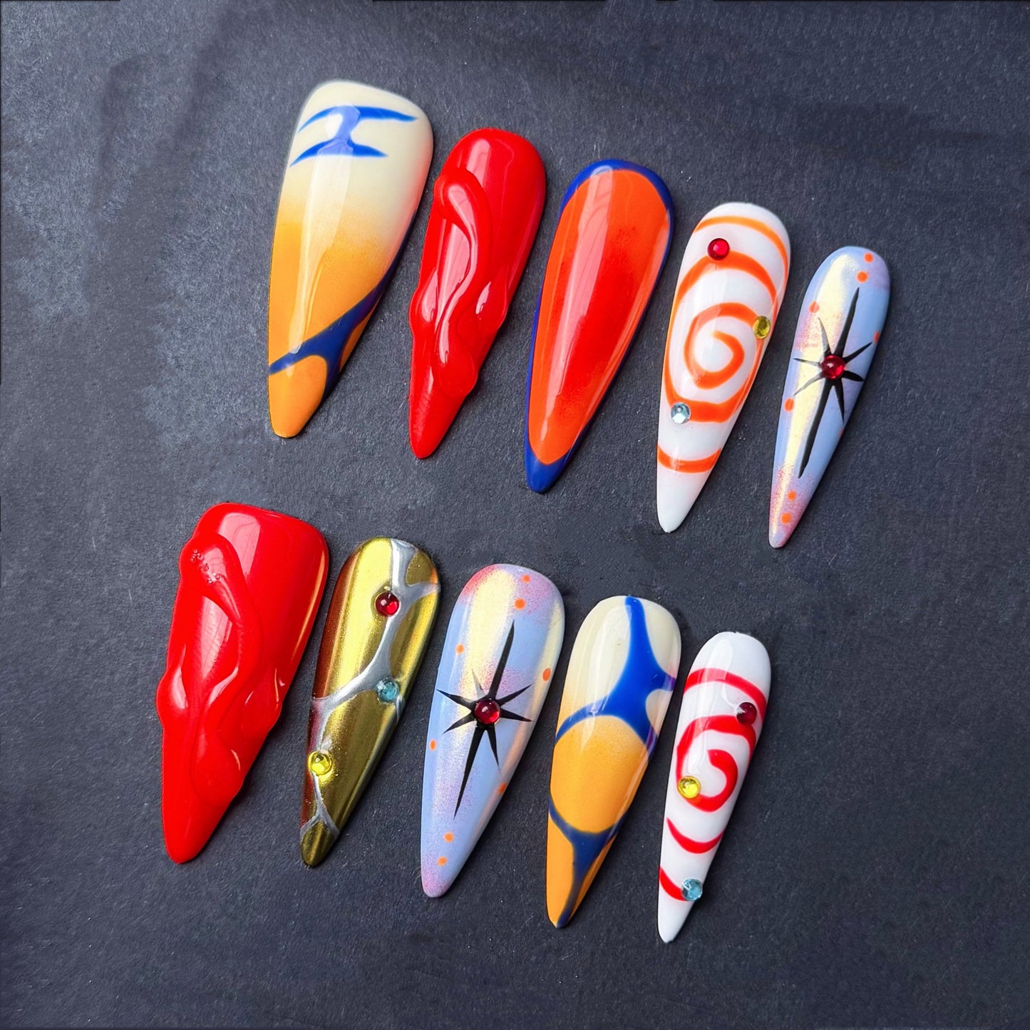 Bold Abstract Press On Nails with Flame Art and Swirl Design Hand made cool