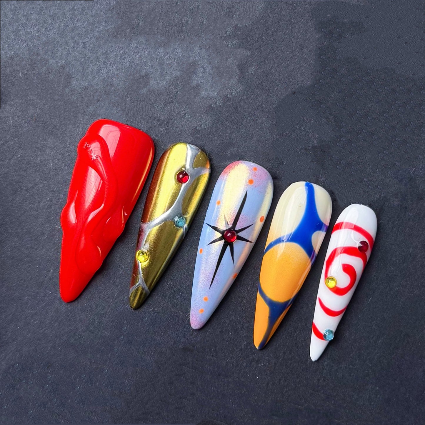 Bold Abstract Press On Nails with Flame Art and Swirl Design Hand made cool