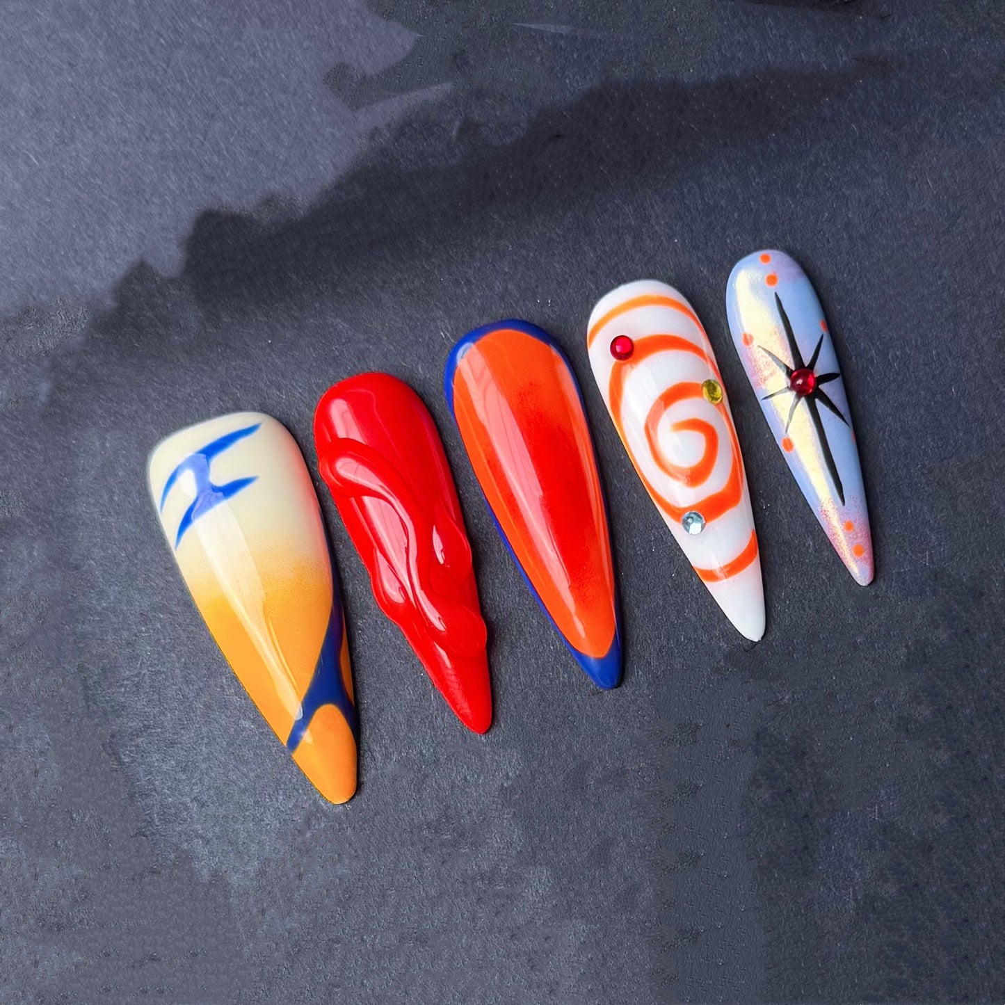 Bold Abstract Press On Nails with Flame Art and Swirl Design Hand made cool