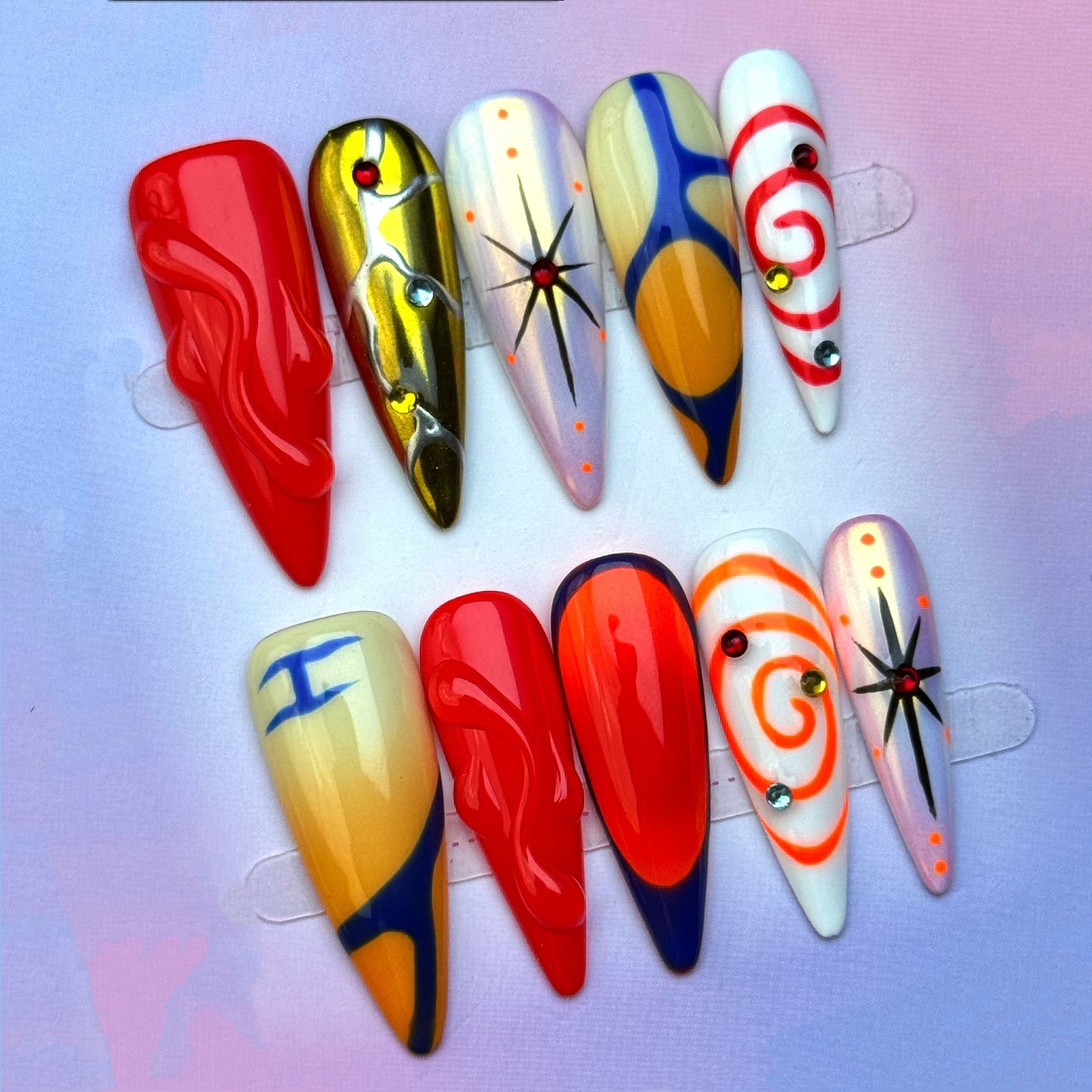 Bold Abstract Press On Nails with Flame Art and Swirl Design Hand made cool