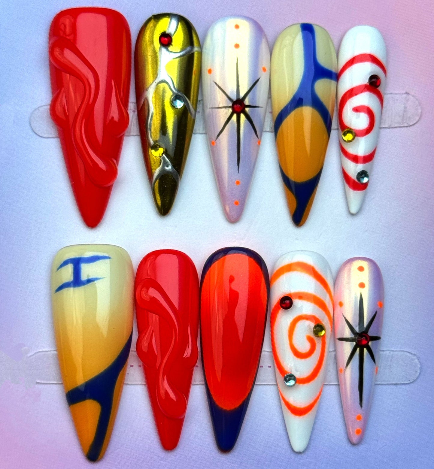 Bold Abstract Press On Nails with Flame Art and Swirl Design Hand made cool