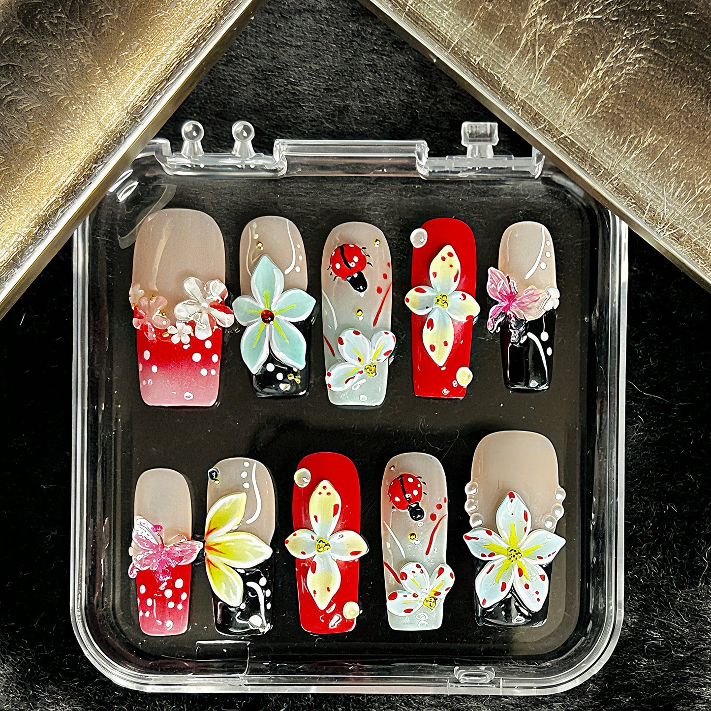 3D Floral Butterfly Press On Nails – Red, Pink & Black with Pearls & Rhinestones | Handmade Luxury Reusable Nail Set | Spring Summer