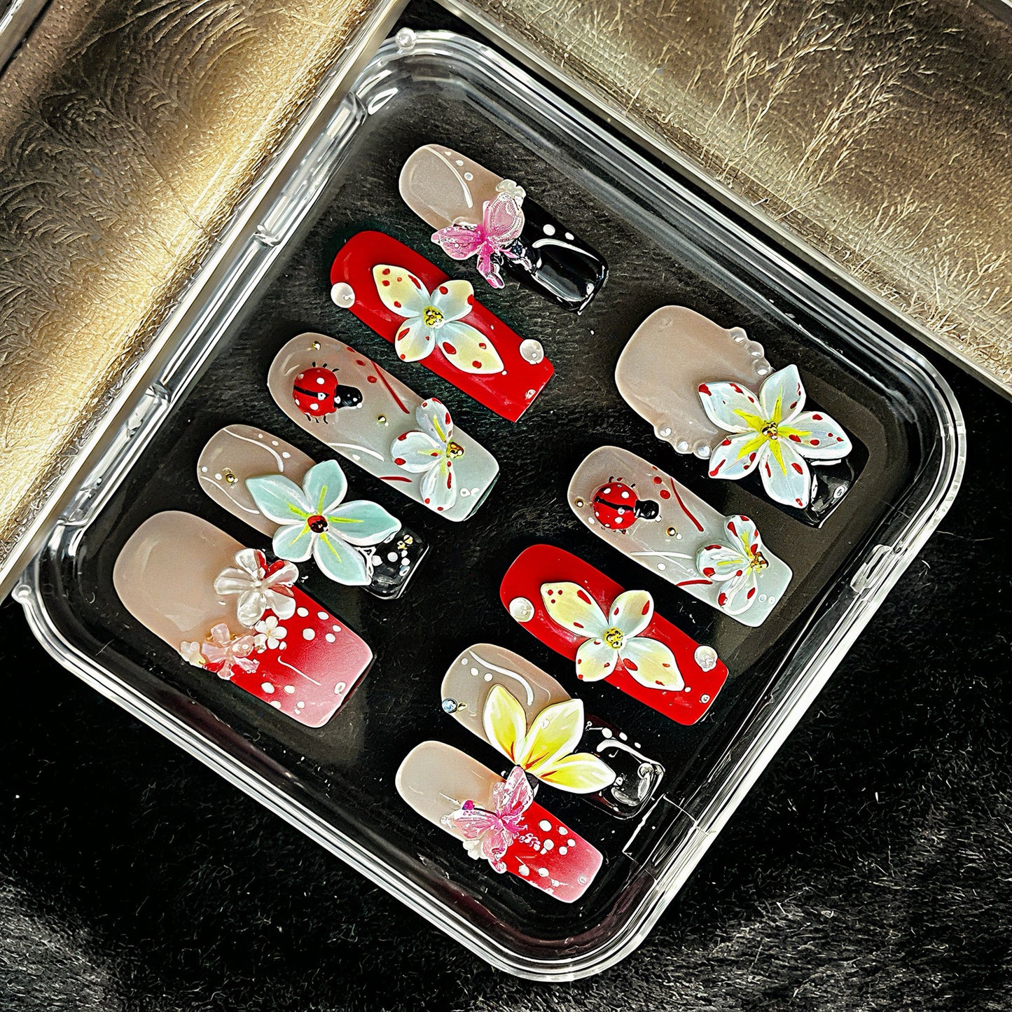 3D Floral Butterfly Press On Nails – Red, Pink & Black with Pearls & Rhinestones | Handmade Luxury Reusable Nail Set | Spring Summer