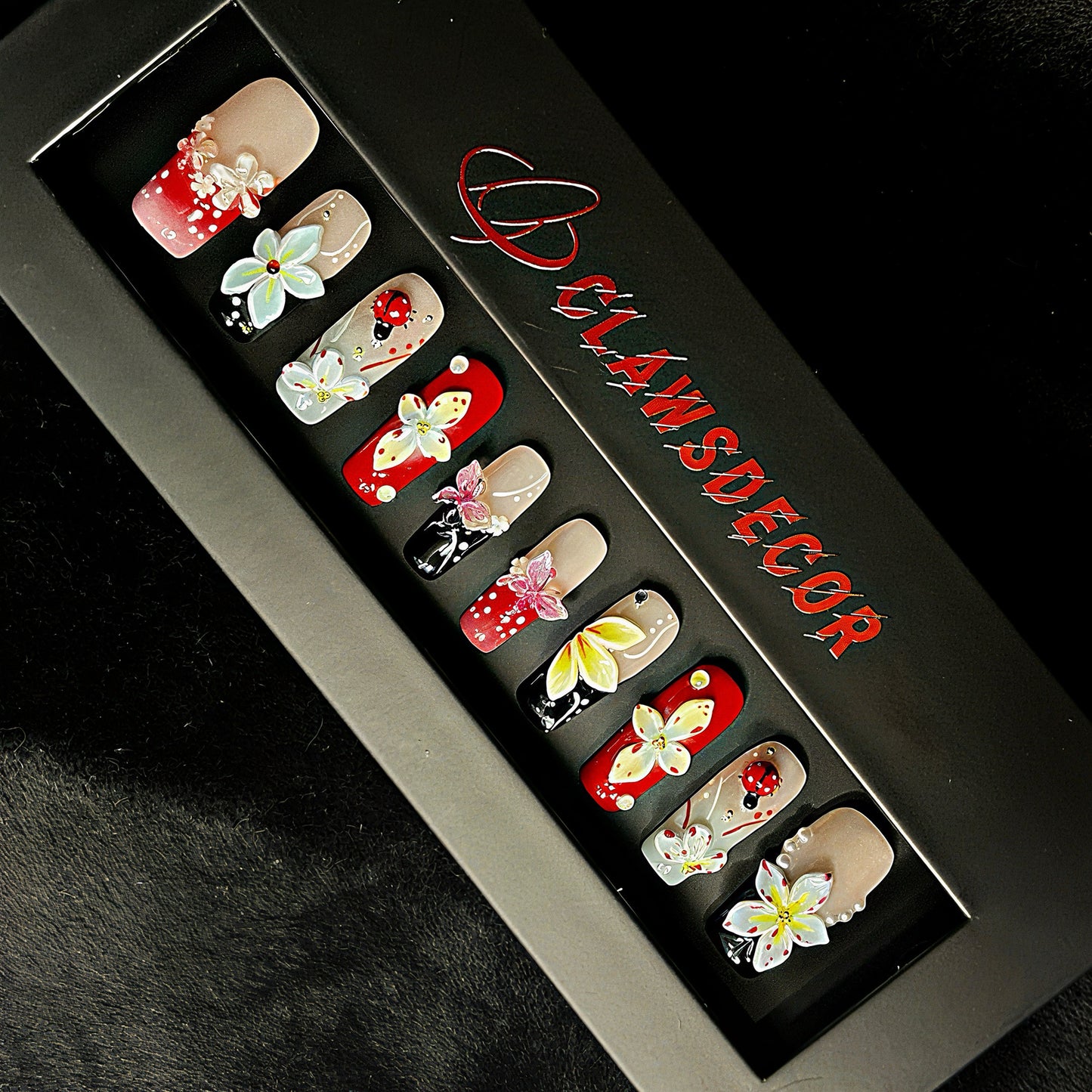 3D Floral Butterfly Press On Nails – Red, Pink & Black with Pearls & Rhinestones | Handmade Luxury Reusable Nail Set | Spring Summer