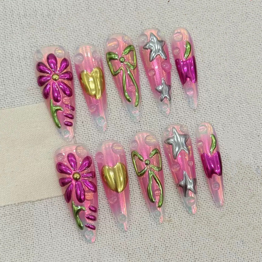 3D Pink Chrome Press On Nails with Metallic Flowers Stars Hearts and Bows