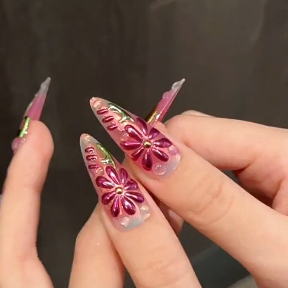 3D Pink Chrome Press On Nails with Metallic Flowers Stars Hearts and Bows