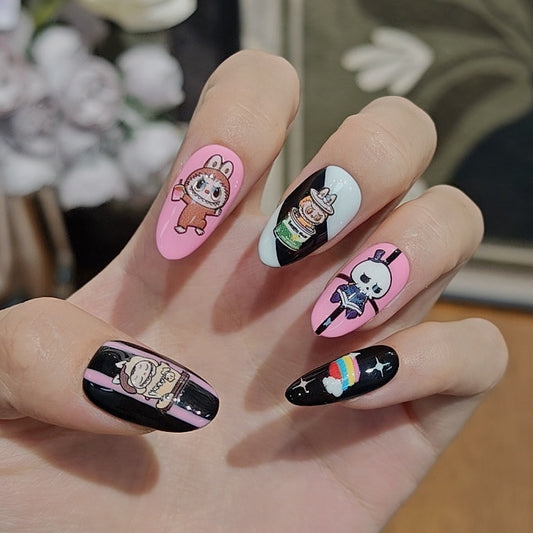 Kawaii Character Press On Nails Pink and Black with Bunny Skull Girls Rainbow and Stripes Handmade Cute Harajuku Anime Style Nail Set