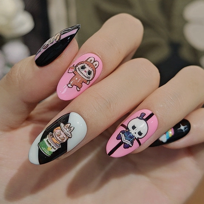 Kawaii Character Press On Nails Pink and Black with Bunny Skull Girls Rainbow and Stripes Handmade Cute Harajuku Anime Style Nail Set