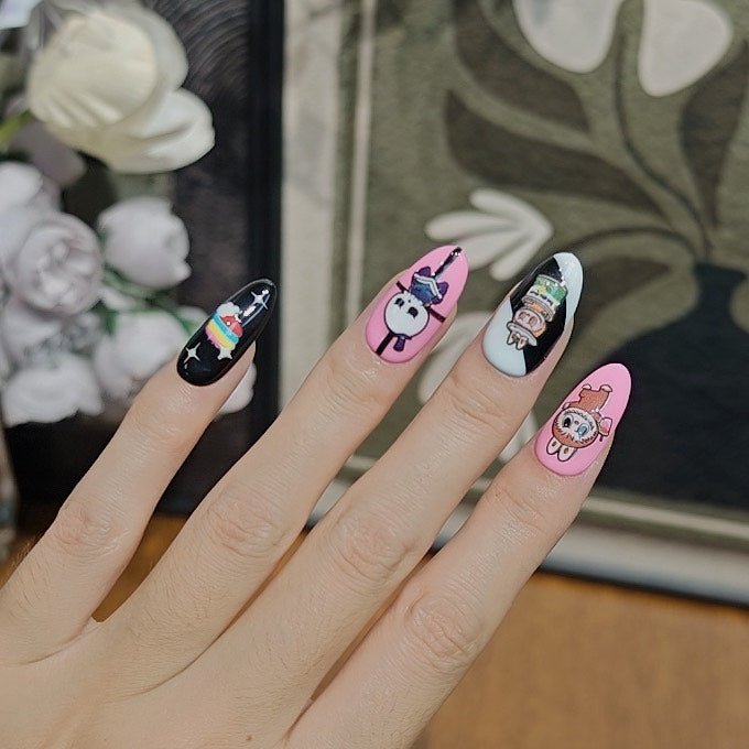 Kawaii Character Press On Nails Pink and Black with Bunny Skull Girls Rainbow and Stripes Handmade Cute Harajuku Anime Style Nail Set