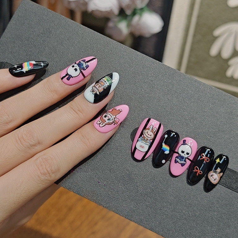Kawaii Character Press On Nails Pink and Black with Bunny Skull Girls Rainbow and Stripes Handmade Cute Harajuku Anime Style Nail Set