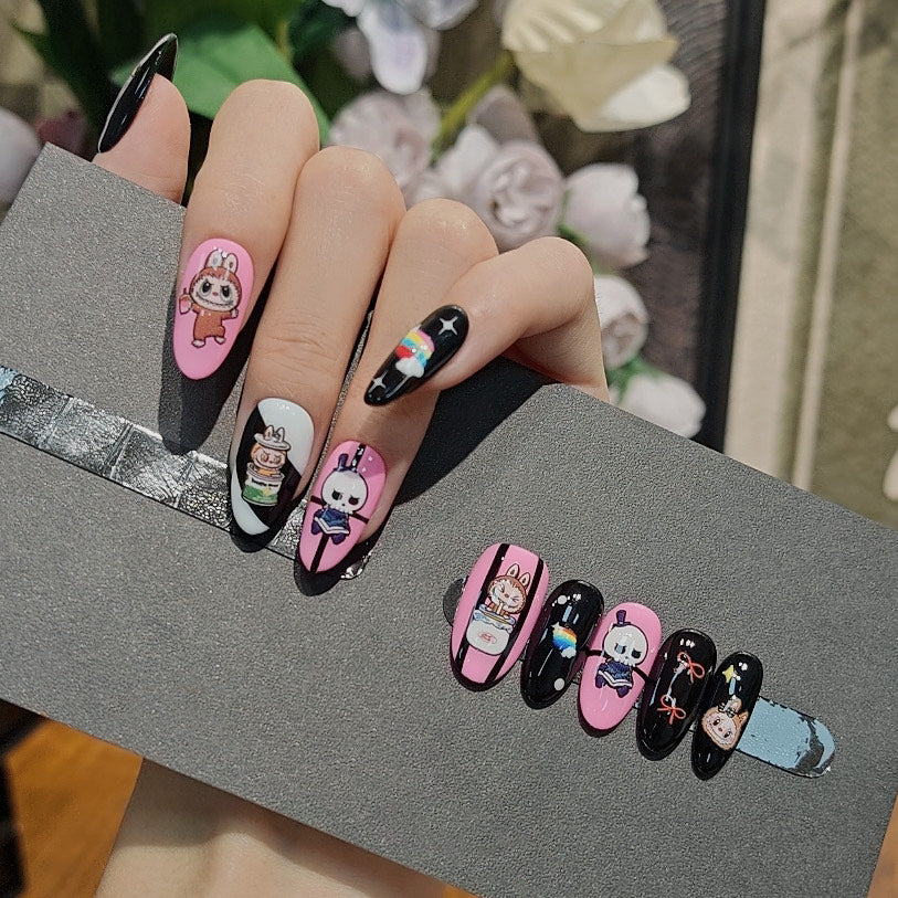 Kawaii Character Press On Nails Pink and Black with Bunny Skull Girls Rainbow and Stripes Handmade Cute Harajuku Anime Style Nail Set