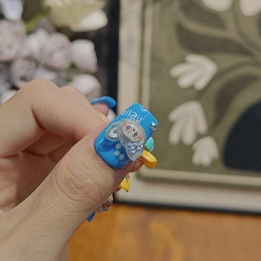 Kawaii Press On Nails Blue Yellow Cartoon Bunny Stars Flowers Cute Handmade 3D Nail Art Set