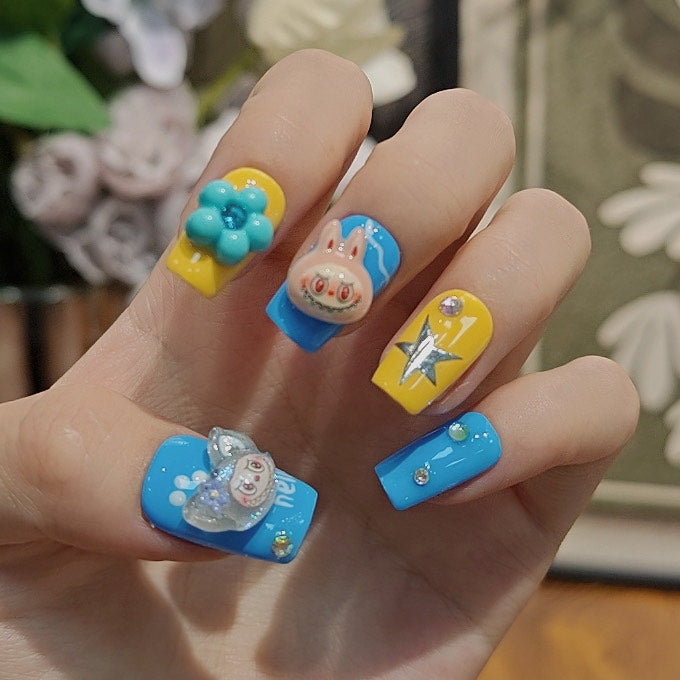 Kawaii Press On Nails Blue Yellow Cartoon Bunny Stars Flowers Cute Handmade 3D Nail Art Set