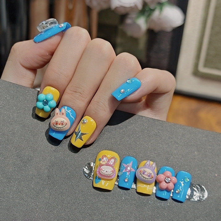 Kawaii Press On Nails Blue Yellow Cartoon Bunny Stars Flowers Cute Handmade 3D Nail Art Set