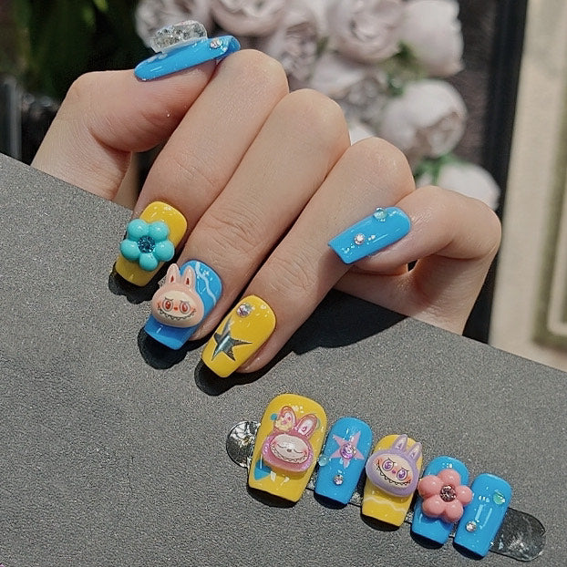 Kawaii Press On Nails Blue Yellow Cartoon Bunny Stars Flowers Cute Handmade 3D Nail Art Set