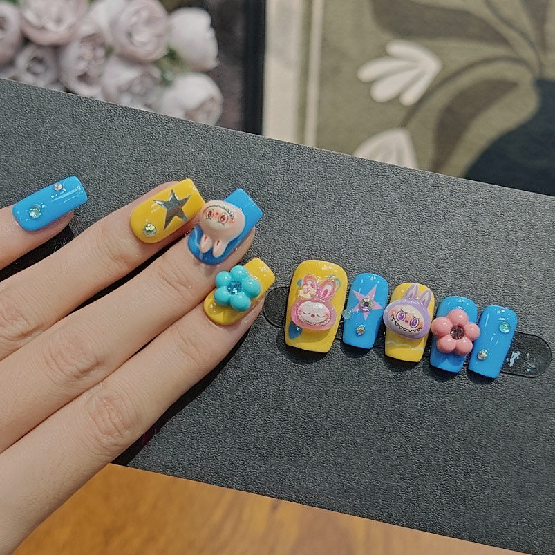 Kawaii Press On Nails Blue Yellow Cartoon Bunny Stars Flowers Cute Handmade 3D Nail Art Set